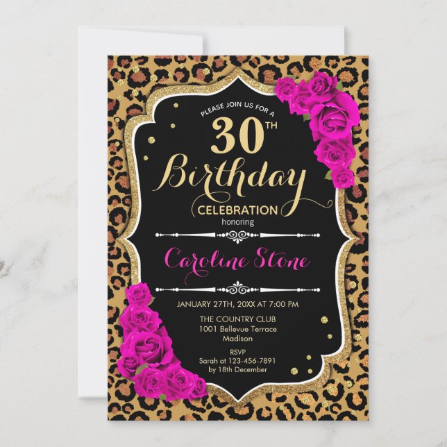 30th Birthday - Pink Roses Leopard Print Invitation (Front)