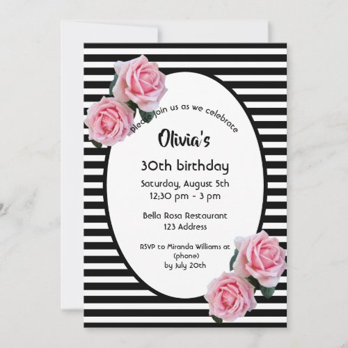 30th birthday pink roses on black white stripes invitation