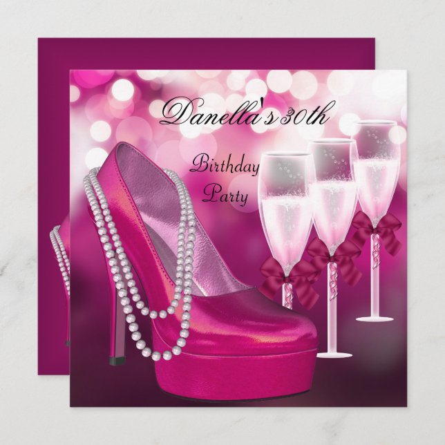 30th Birthday Pink Shoes Hi Heels Champagne 2 Invitation (Front/Back)
