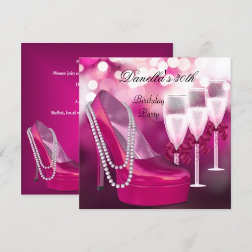 30th Birthday Pink Shoes Hi Heels Champagne 2 Personalized Invitations