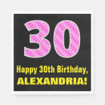 [ Thumbnail: 30th Birthday: Pink Stripes and Hearts "30" + Name Napkins ]