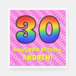 [ Thumbnail: 30th Birthday: Pink Stripes & Hearts, Rainbow # 30 Napkins ]