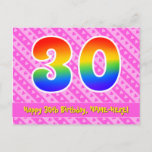 [ Thumbnail: 30th Birthday: Pink Stripes & Hearts, Rainbow 30 Postcard ]
