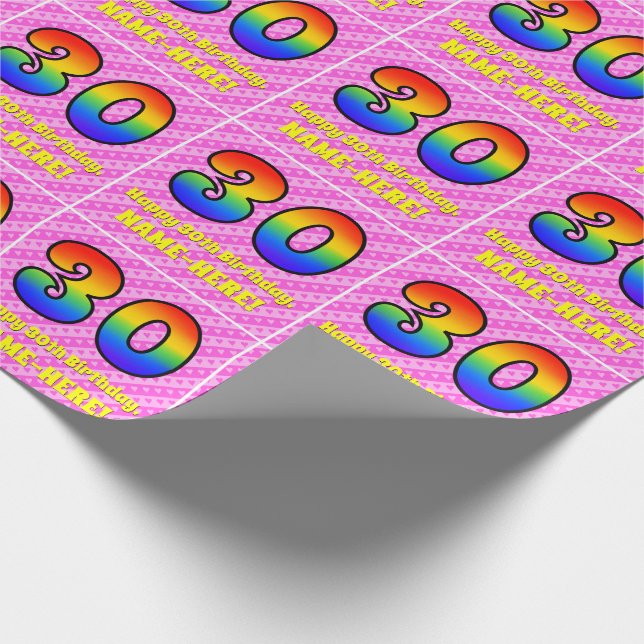 30th Birthday: Pink Stripes & Hearts, Rainbow # 30 Wrapping Paper (Corner)