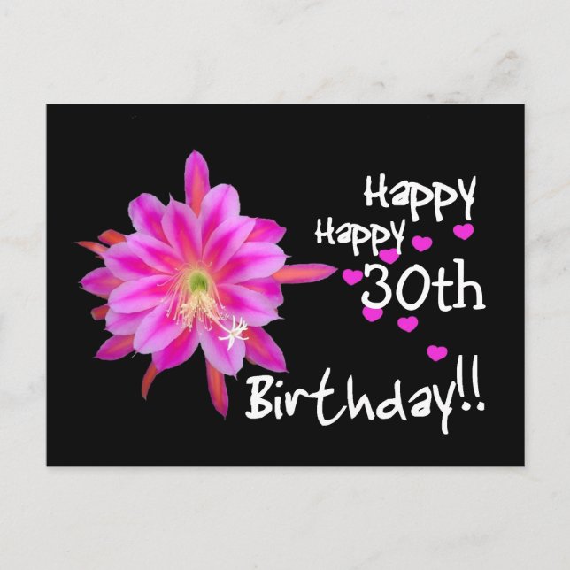 30th Birthday - Pink Tropical Flower and Hearts Postcard (Front)