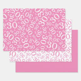 30th Birthday Pink &amp; White Number Pattern 30 Wrapping Paper Sheets