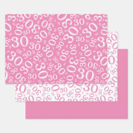 30th Birthday Pink & White Number Pattern 30 Wrapping Paper Sheets