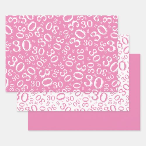 30th Birthday Pink  White Number Pattern 30 Wrapping Paper Sheets