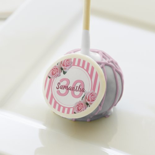 30th birthday pink white stripes floral name cake pops