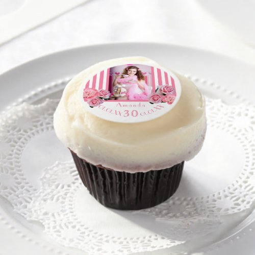 30th birthday pink white stripes floral photo edible frosting rounds