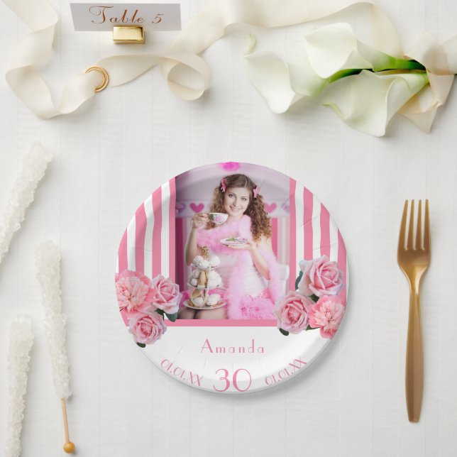 30th birthday pink white stripes florals photo paper plates (Wedding)