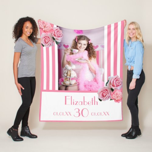 30th birthday pink white stripes flowers photo fleece blanket