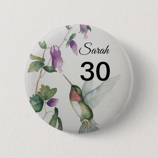 30th Birthday Pretty Bird Garden Flowers Button (Front)