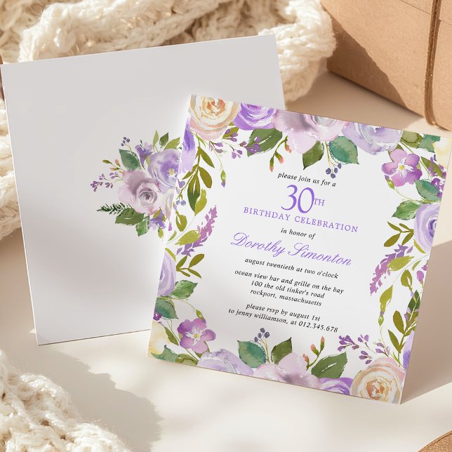 30th Birthday Pretty Purple Floral Invitation (Creator Uploaded)