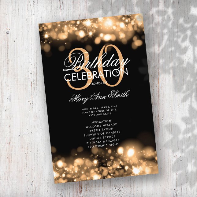 30th Birthday Program Glam Lights Gold Menu  Flyer (Creator Uploaded)
