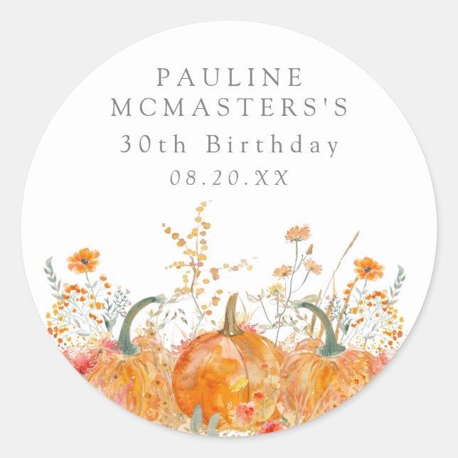 30th Birthday Pumpkin Wildflower Custom Favor Classic Round Sticker (Front)