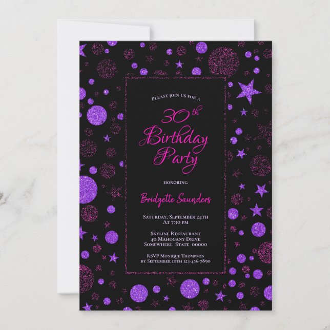 30th Birthday Purple and Black Party Invitation (Front)