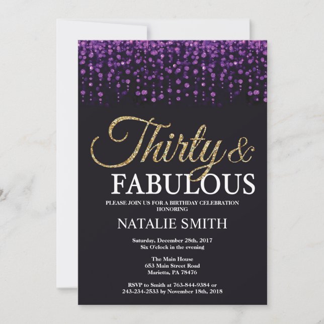 30th Birthday Purple and Gold Glitter Invitation (Front)