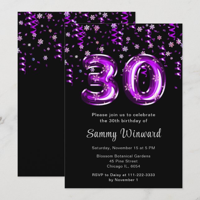 30th Birthday Purple Balloons Snowflake Confetti Invitation (Front/Back)