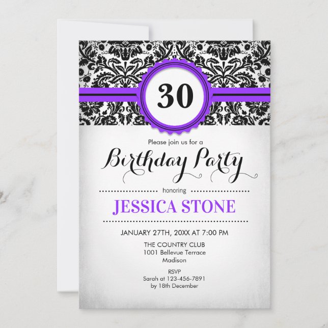 30th Birthday - Purple Black White Damask Invitation (Front)