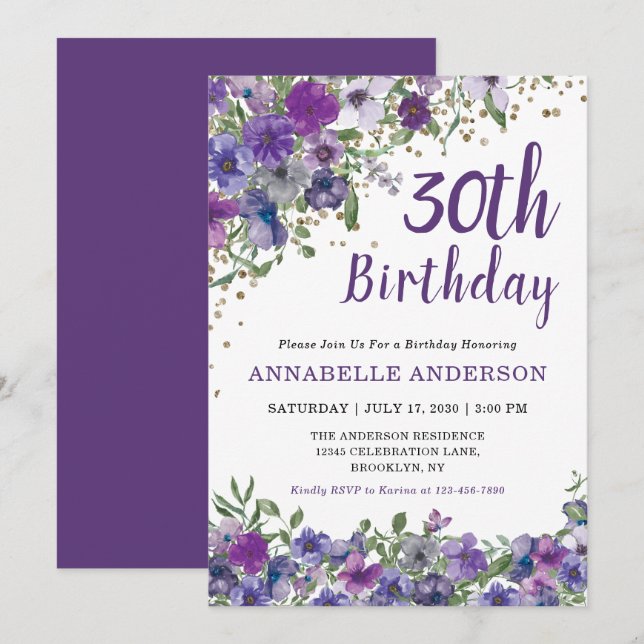 30th Birthday Purple Floral Gold Confetti Dots Invitation (Front/Back)