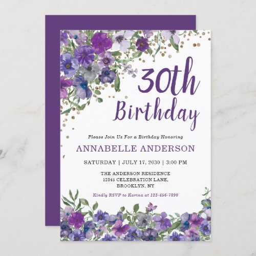 30th Birthday Purple Floral Gold Confetti Dots Invitation
