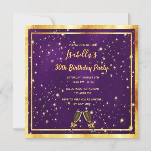 30th birthday purple gold bubbles monogram invitation