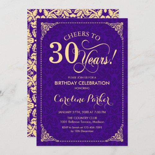 30th Birthday _ Purple Gold Damask Invitation