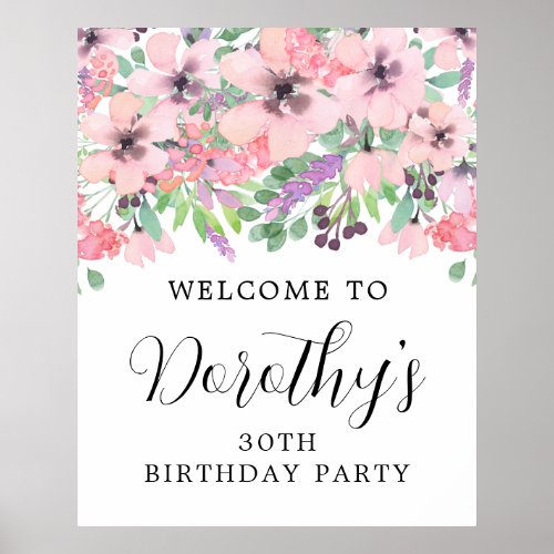 30th Birthday Purple Pink Wildflower Welcome Sign