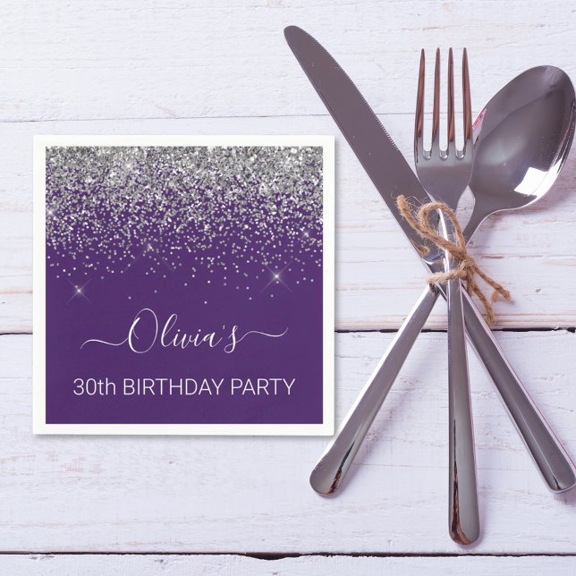 30th Birthday Purple Silver Glitter Any Age Napkins (Creator Uploaded)