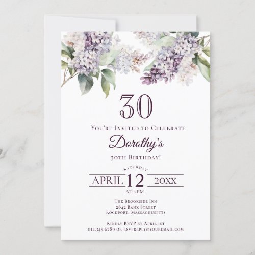 30th Birthday Purple Spring Lilac Flower Invitation