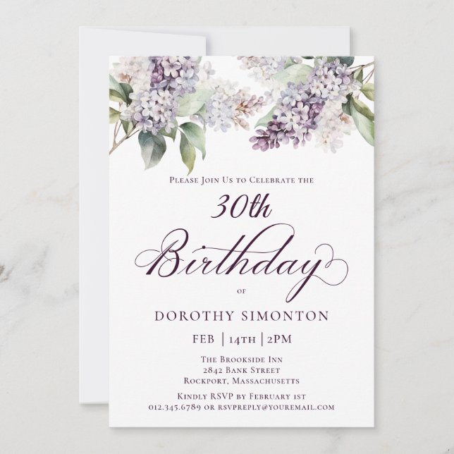 30th Birthday Purple Spring Lilac Flower Invitation (Front)