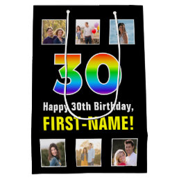 30th Birthday: Rainbow “30“, Custom Photos &amp; Name Medium Gift Bag