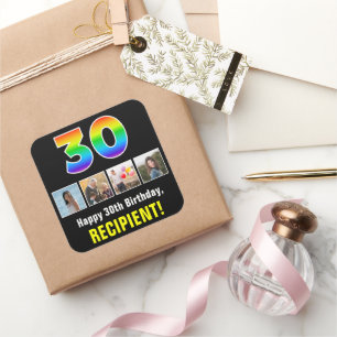 30th Birthday: Rainbow “30”; Custom Photos & Name Square Sticker