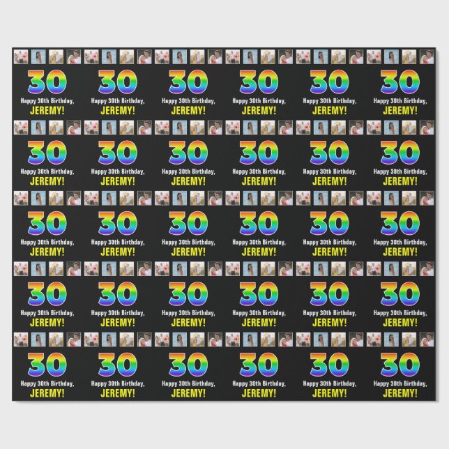 30th Birthday: Rainbow “30“; Custom Photos & Name Wrapping Paper (Flat)