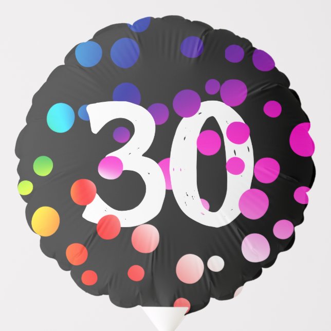 30th Birthday Rainbow Dots on Black Balloon (Front)