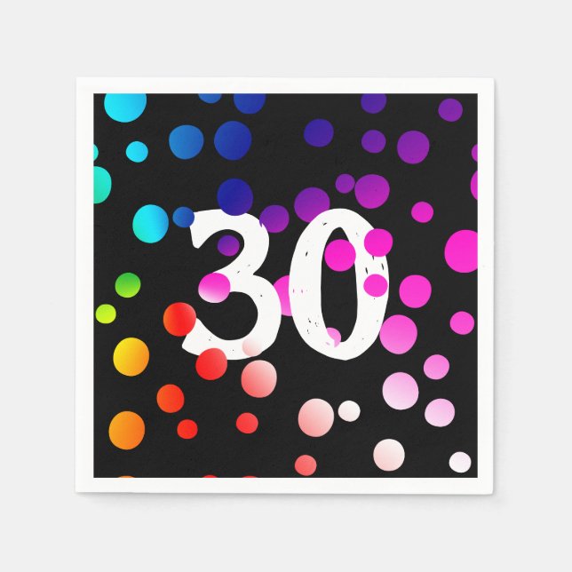 30th Birthday Rainbow Dots on Black  Napkins (Front)