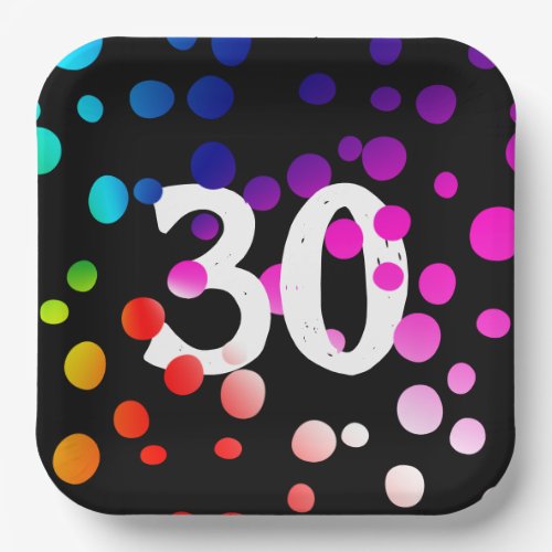 30th Birthday Rainbow Dots on Black  Paper Plates