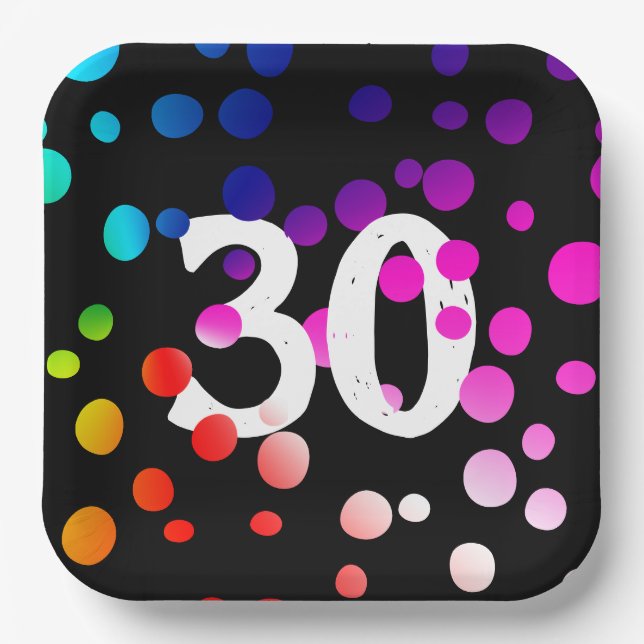 30th Birthday Rainbow Dots on Black  Paper Plates (Front)