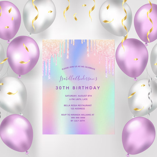 30th birthday rainbow glitter pink glam invitation
