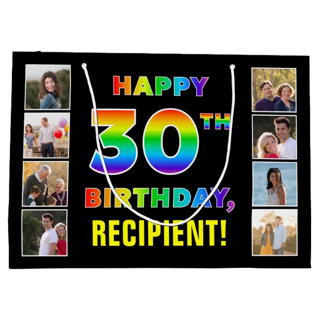 30th Birthday: Rainbow Text, Custom Photos & Name Large Gift Bag (Back)