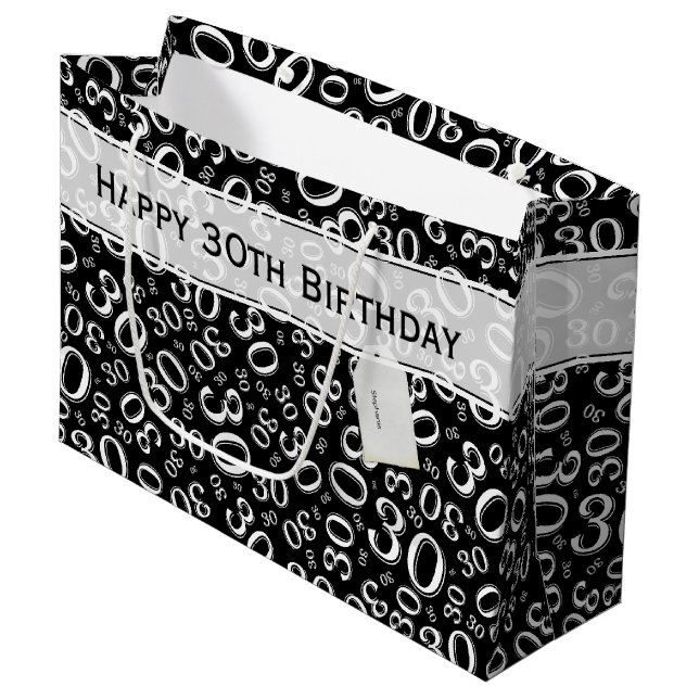 30th Birthday Random Number Pattern Black/White Large Gift Bag (Front Angled)