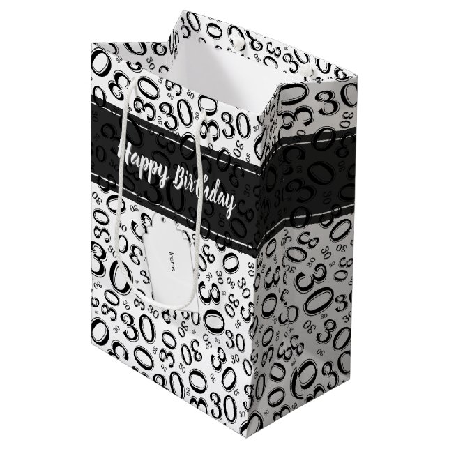 30th Birthday Random Number Pattern Black/White Medium Gift Bag (Front Angled)