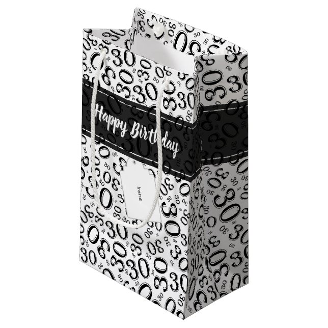 30th Birthday Random Number Pattern Black/White Small Gift Bag (Front Angled)