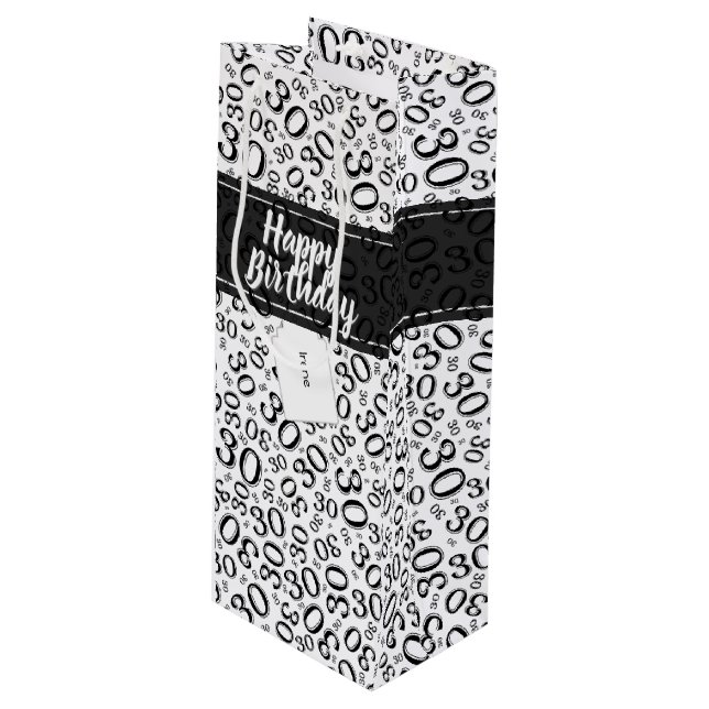 30th Birthday Random Number Pattern Black/White Wine Gift Bag (Front Angled)
