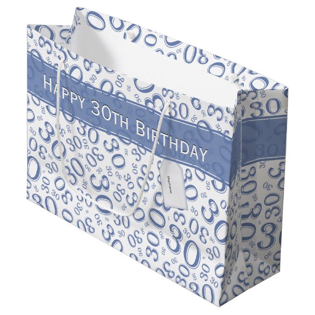 30th Birthday Random Number Pattern Blue/White Large Gift Bag (Front Angled)