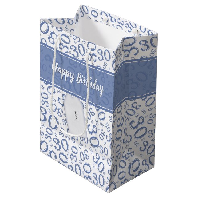 30th Birthday Random Number Pattern Blue/White Medium Gift Bag (Front Angled)