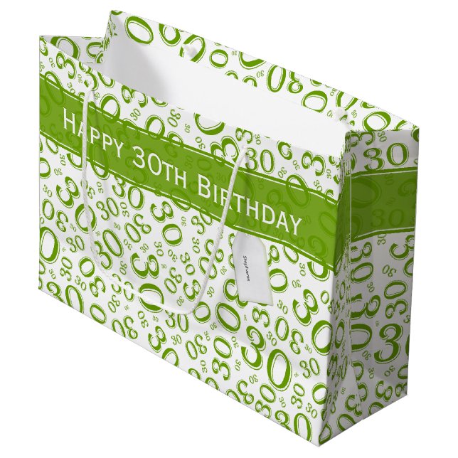 30th Birthday Random Number Pattern Green/White Large Gift Bag (Front Angled)
