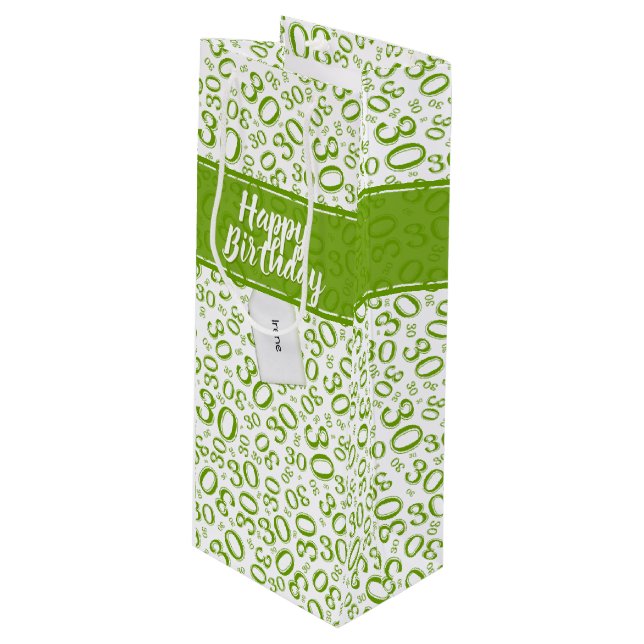 30th Birthday Random Number Pattern Green/White Wine Gift Bag (Front Angled)