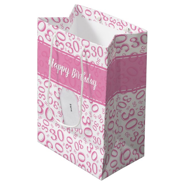 30th Birthday Random Number Pattern Pink/White Medium Gift Bag (Front Angled)